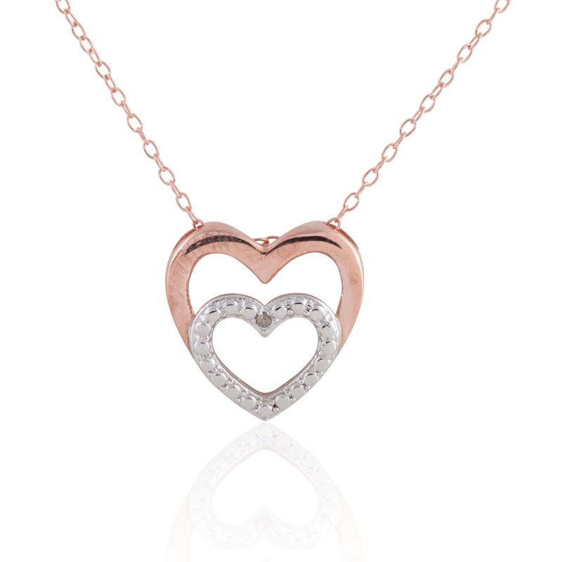Sterling Silver and Rose-gold Plated Double Heart w/Dia Accent - Click Image to Close
